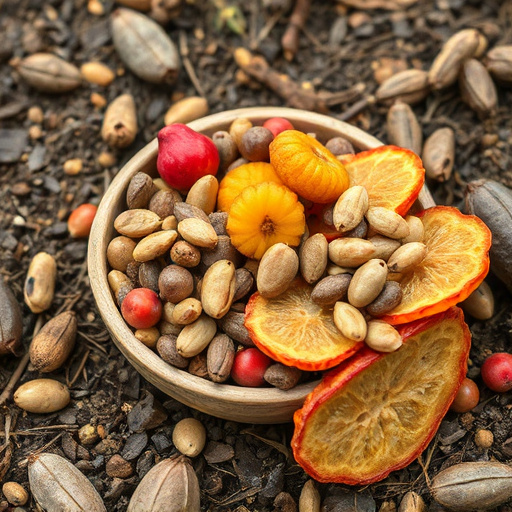 Dried fruit and seeds in ground feeder