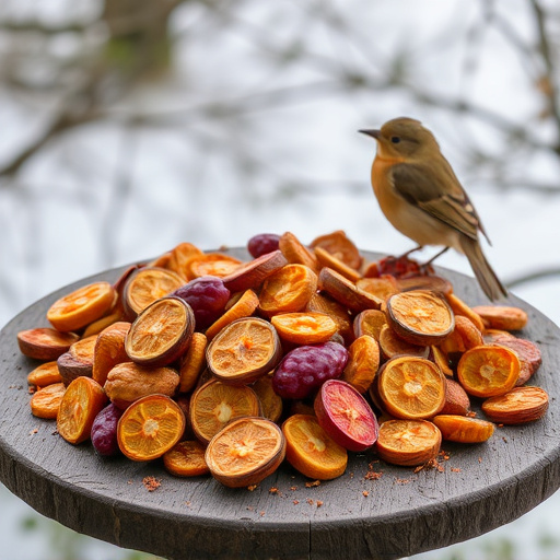 Dried fruits scattered on bird table