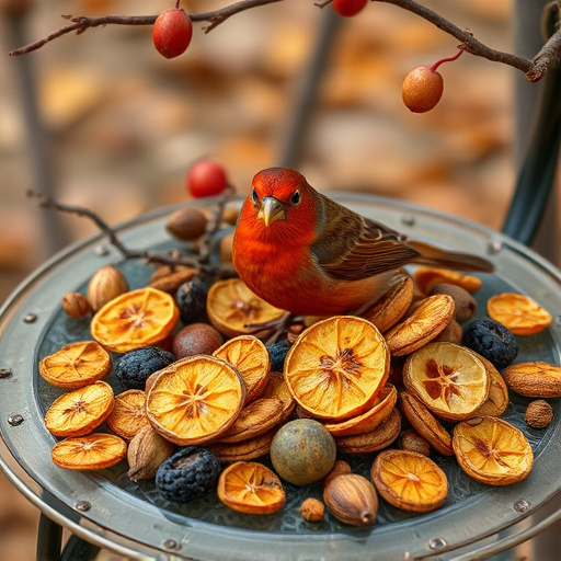 Dried fruits scattered on bird table