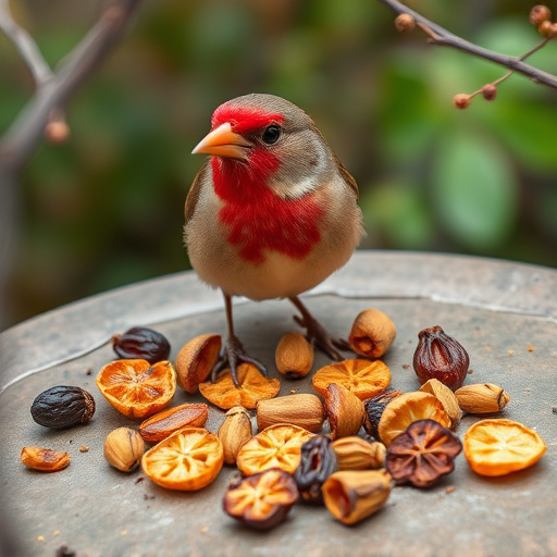 Dried fruits scattered on bird table