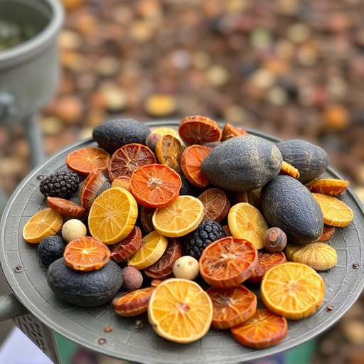 Dried fruits scattered on bird table
