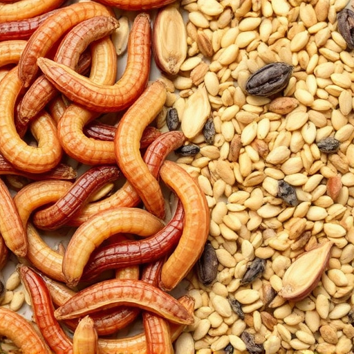 Dried mealworms next to seed mix
