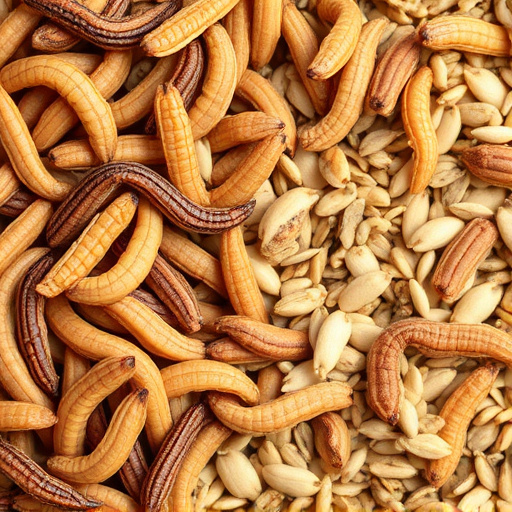Dried mealworms next to seed mix
