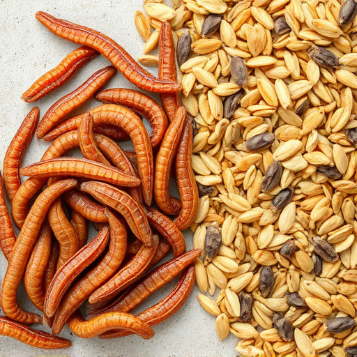 Dried mealworms next to seed mix