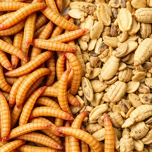 Dried mealworms next to seed mix