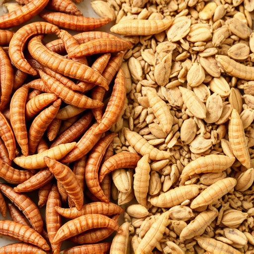 Dried mealworms next to seed mix