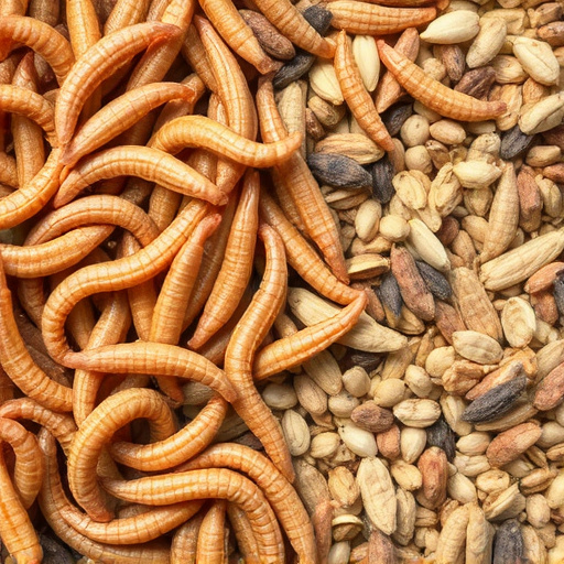 Dried mealworms next to seed mix