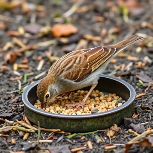 Dunnock foraging beneath ground seed tray