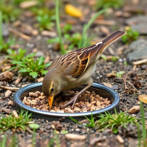 Dunnock foraging beneath ground seed tray