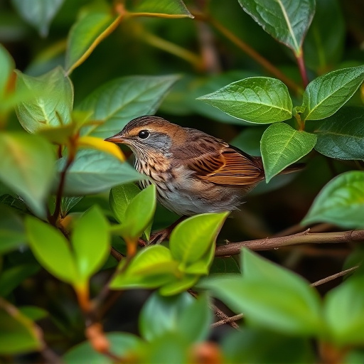Dunnock hiding among garden leaves