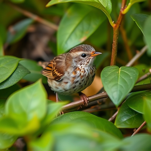 Dunnock hiding among garden leaves