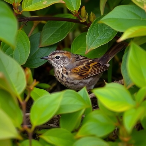 Dunnock hiding among garden leaves