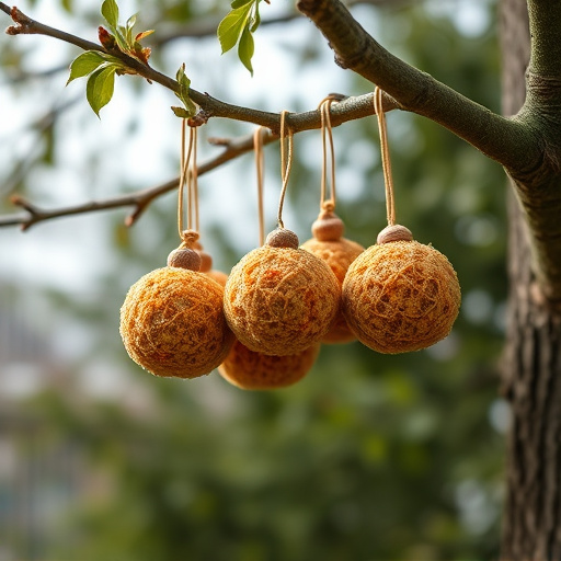 Fat balls hanging from tree branch