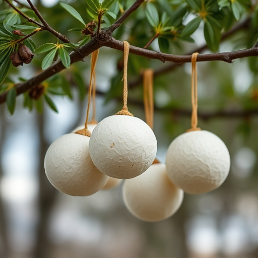 Fat balls hanging from tree branch