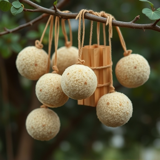 Fat balls hanging from tree branch