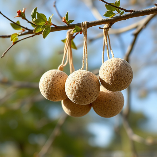Fat balls hanging from tree branch
