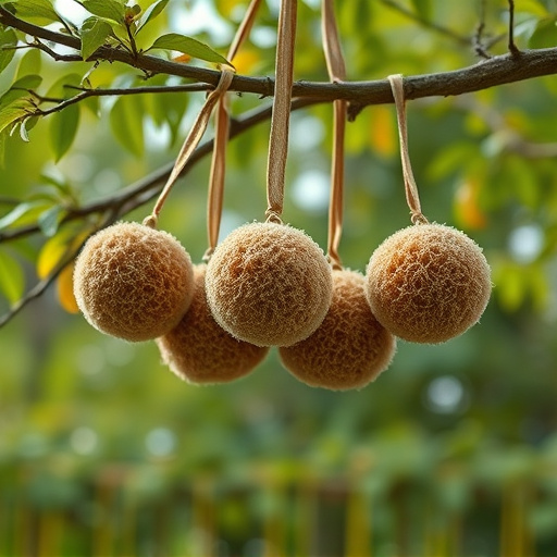 Fat balls hanging from tree branch