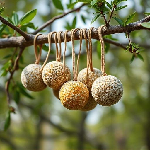 Fat balls hanging from tree branch