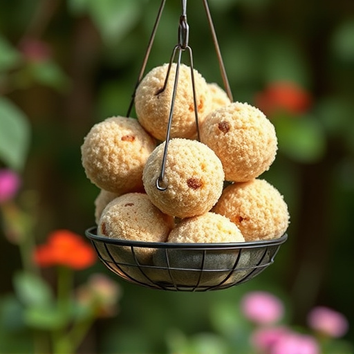 Fat balls hanging on garden feeder