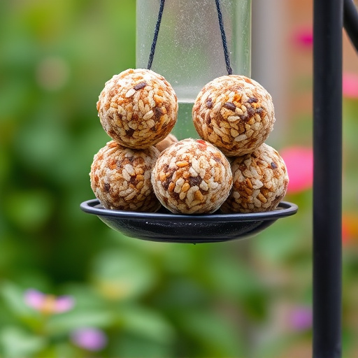 Fat balls hanging on garden feeder