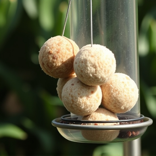 Fat balls hanging on garden feeder