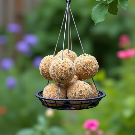 Fat balls hanging on garden feeder