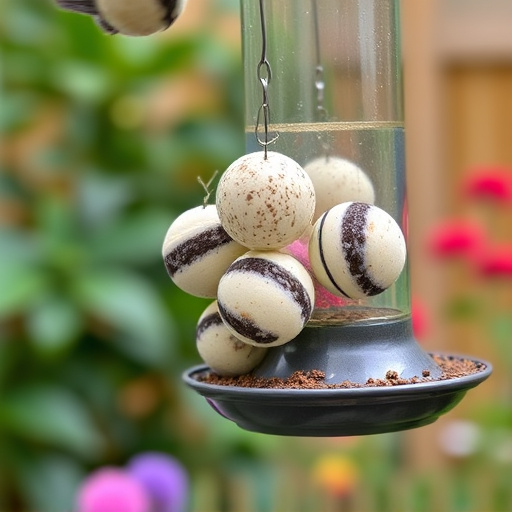 Fat balls hanging on garden feeder
