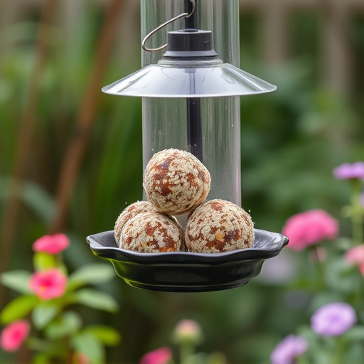 Fat balls hanging on garden feeder