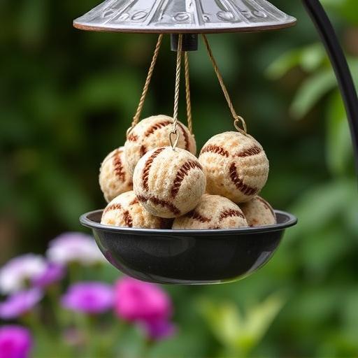 Fat balls hanging on garden feeder