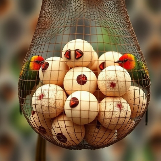 Fat balls in mesh feeder with tits