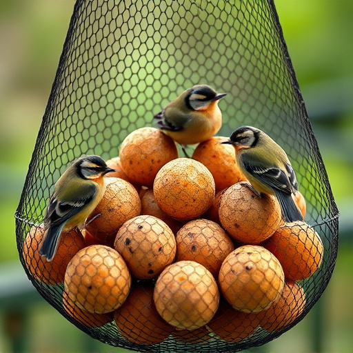 Fat balls in mesh feeder with tits