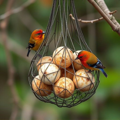 Fat balls in mesh feeder with tits