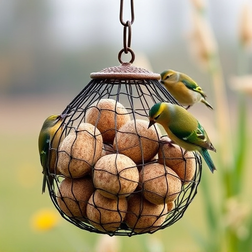 Fat balls in mesh feeder with tits