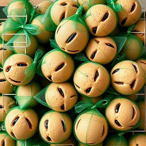 Fat balls stacked in green mesh bags