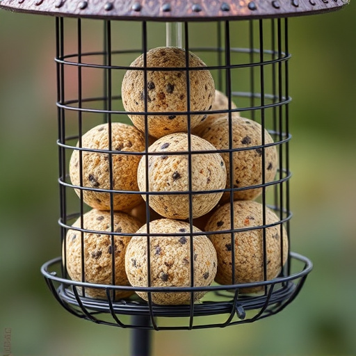 Fat balls stacked in wire bird feeder