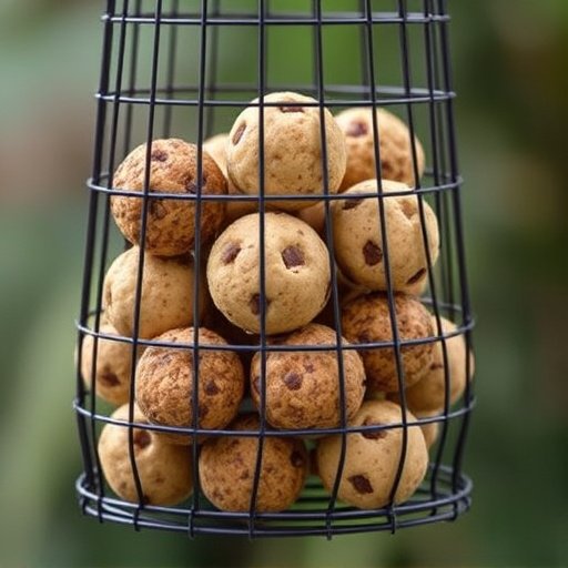 Fat balls stacked in wire bird feeder