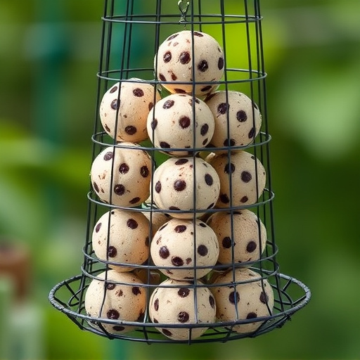 Fat balls stacked in wire bird feeder