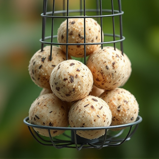 Fat balls stacked in wire bird feeder