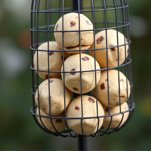 Fat balls stacked in wire bird feeder