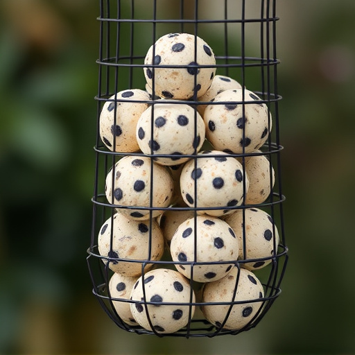 Fat balls stacked in wire bird feeder