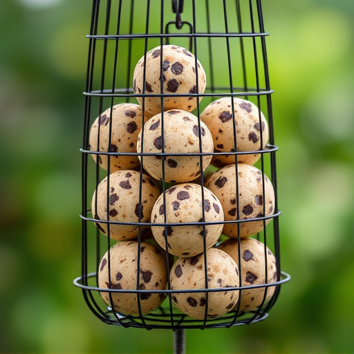 Fat balls stacked in wire bird feeder