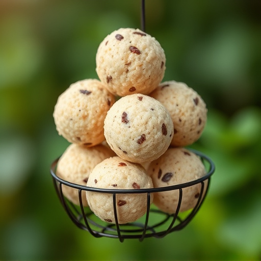 Fat balls stacked in wire bird feeder