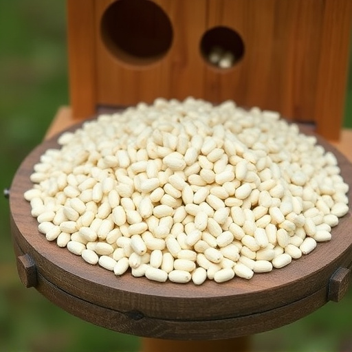 Fat pellets on wooden bird table