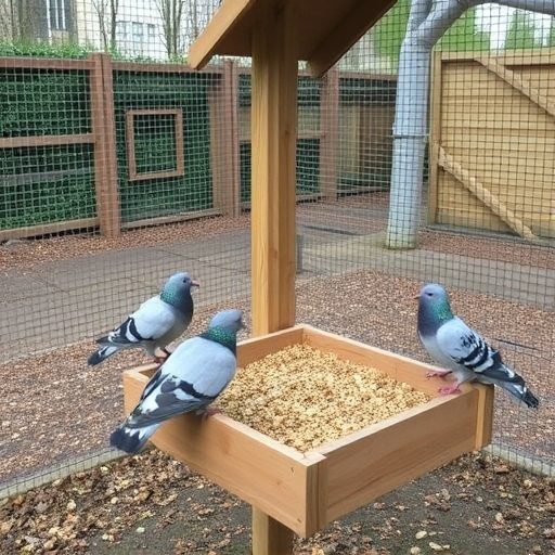 Feeding area with pigeon-proof features