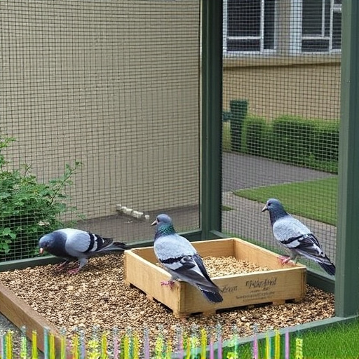 Feeding area with pigeon-proof features