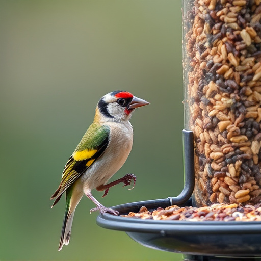 Finch eating from seed-filled feeder
