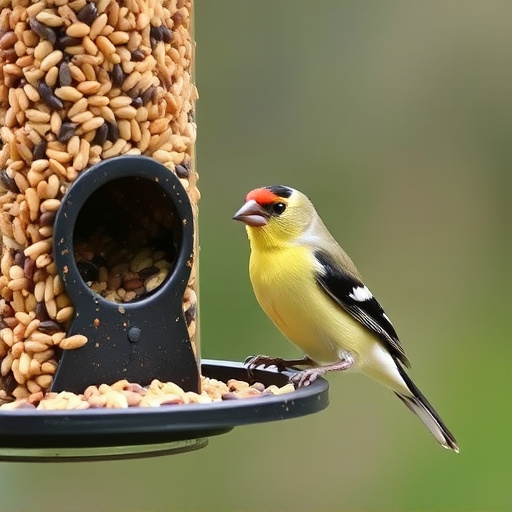 Finch eating from seed-filled feeder