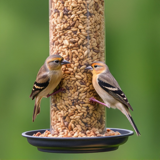 Finch eating from seed-filled feeder