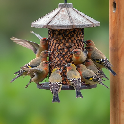 Finch flock gathered around seed station