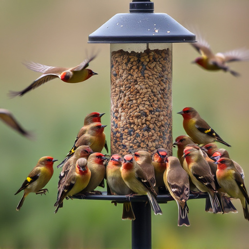 Finch flock gathered around seed station